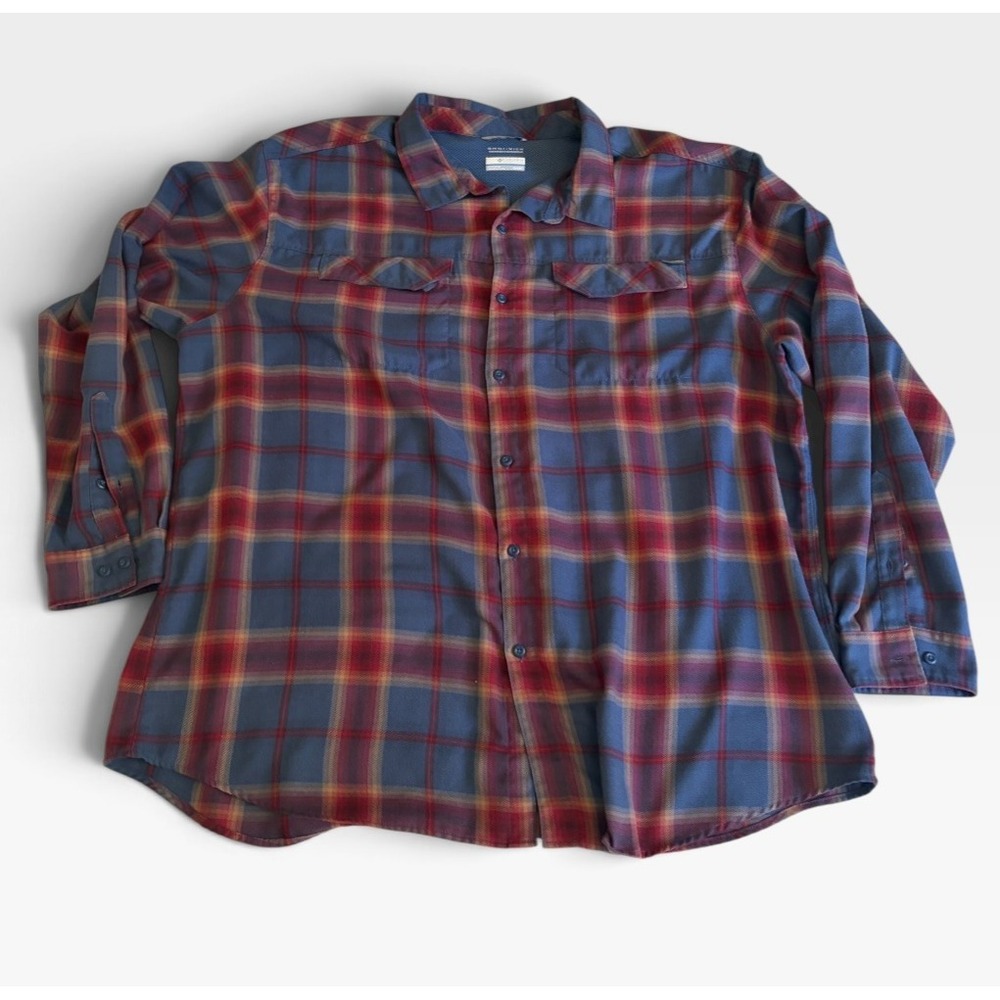 Columbia Button Down Shirt Mens XL Blue Red Plaid Omni-Wick Long Sleeve Outdoor